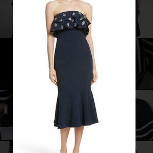 Cinq à Sept Navy Strapless Dress with Floral Embellishments